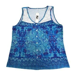 Saukole Womens XL Blue Paisley Lace Pintuck Sleeveless Button Front Tank Top NEW